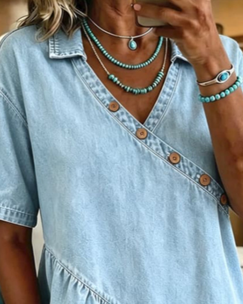 Blouse Asymétrique Bouton Denim Volant