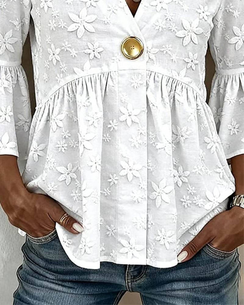 Blouse Col V Manche Évasée Taille Cintrée