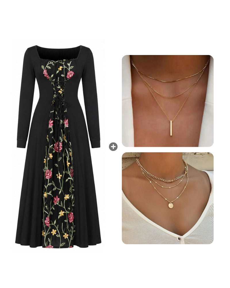 Robe Col Carré Rose Spliced Maxi