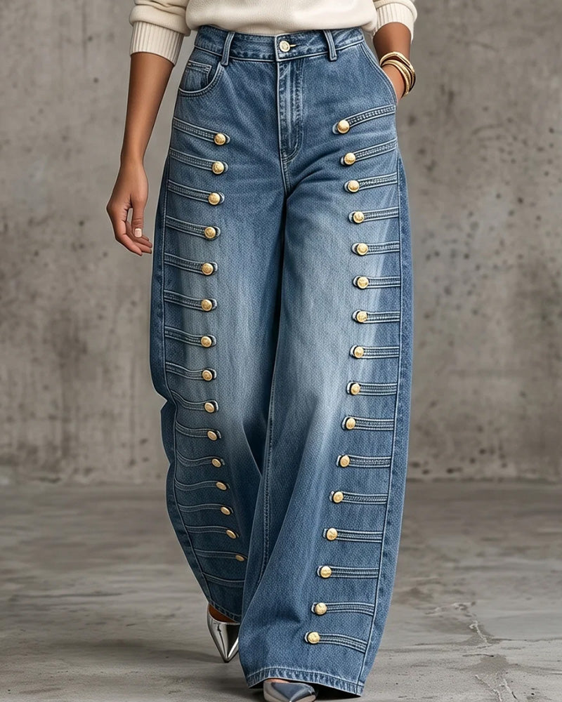 Pantalon Bouton Poche Coupe Large Denim Long