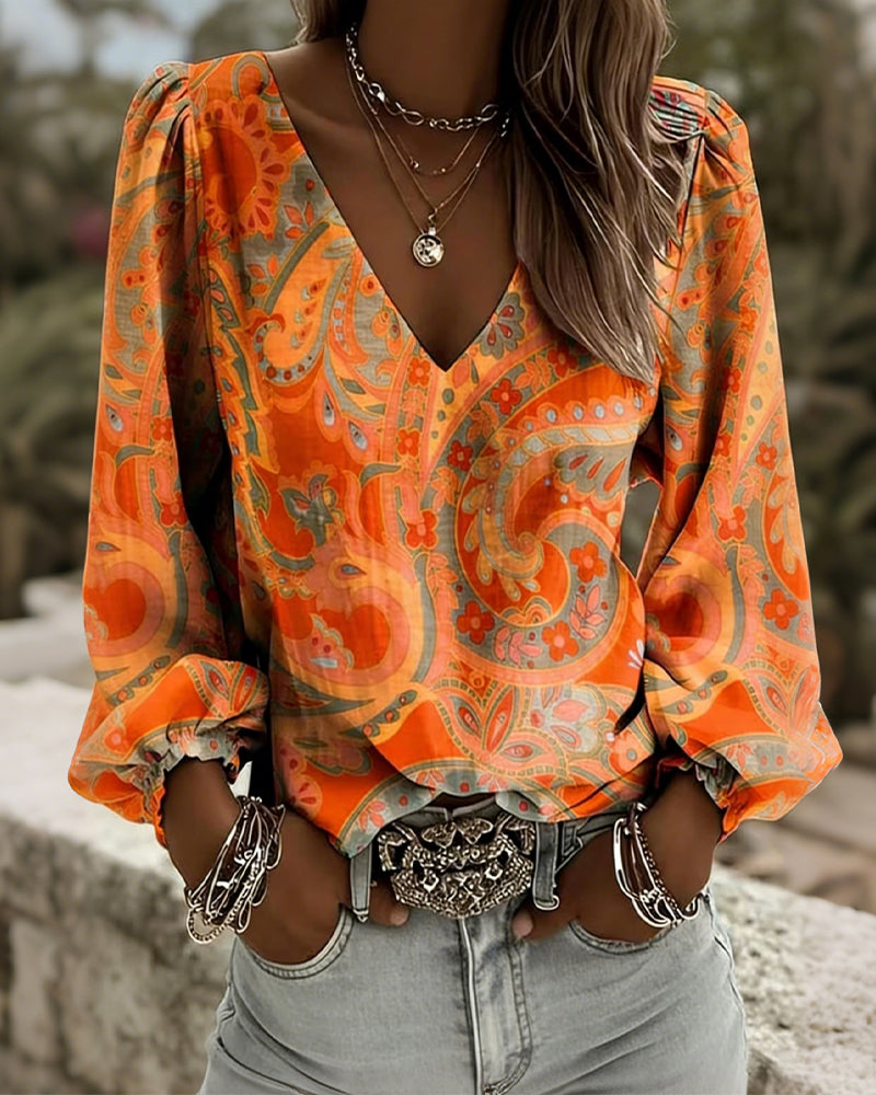Blouse À Motifs Col V Manches Bouffantes