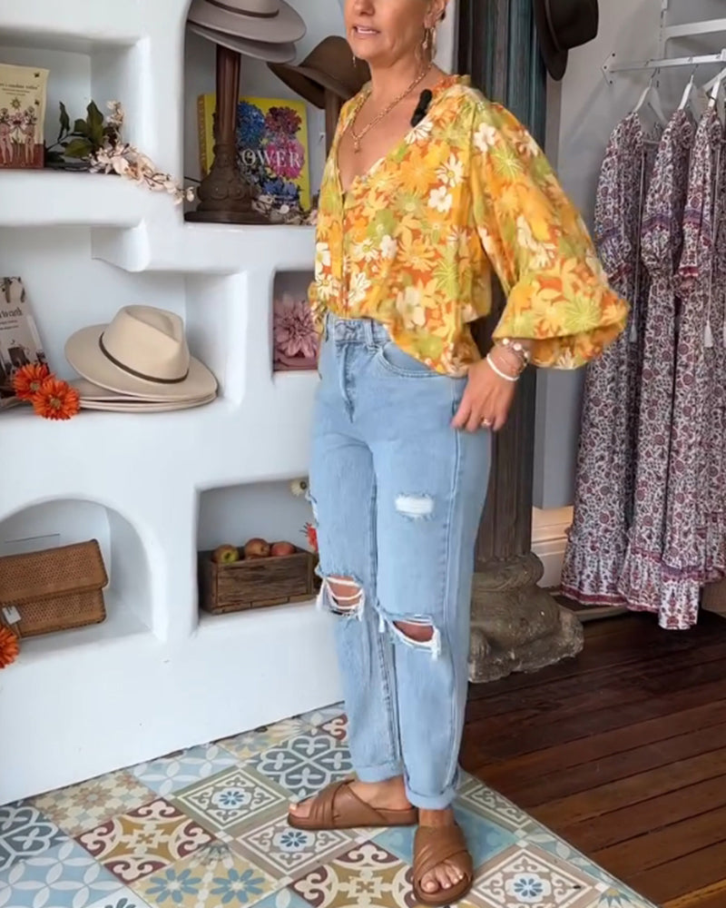 Blouse à imprimé fleuri col V