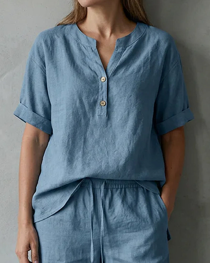 Deux-Pièces Ensemble Col Henley Manche Courte Et Cordon De Serrage Cinq-Points Large Jambe Pantalon