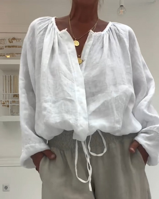 Blouse 100 % Coton Manches Longues Froncée Lien