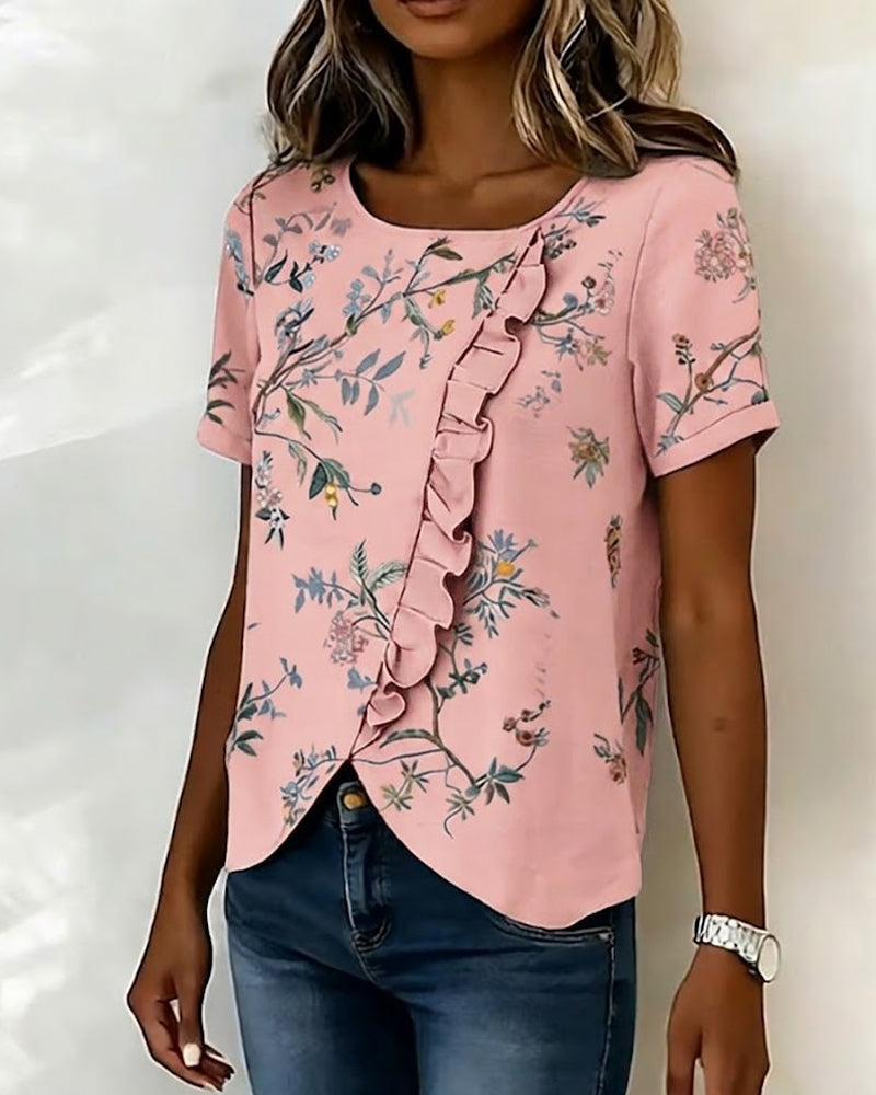 Blouse Col Rond Manches Courtes Volantée Florale