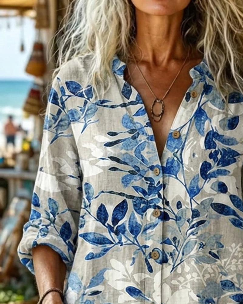 Blouse Col Montant Peinture À L'Encre Fleurie