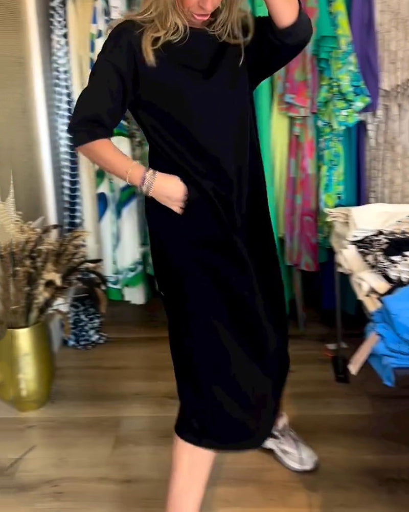 Robe à col rond de couleur unie