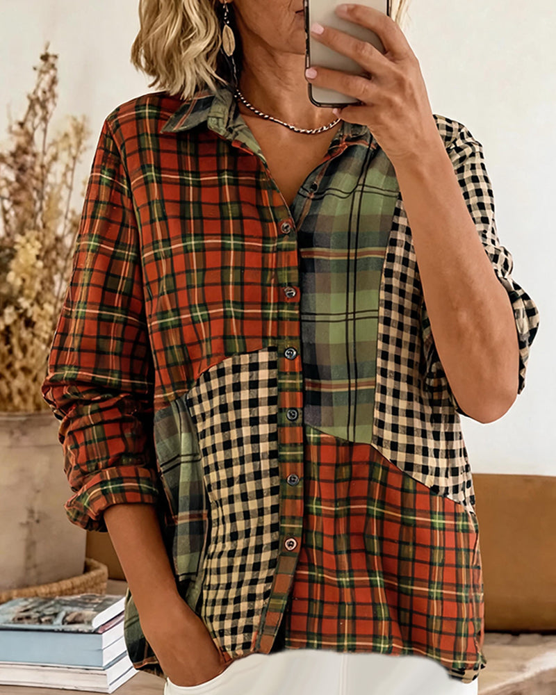 Chemise Revers Bloc De Couleur À Carreaux Manches Longues
