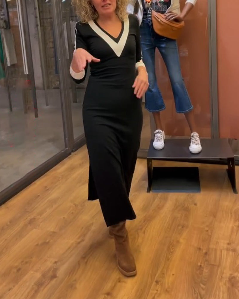 Robe à col V et manches 3/4