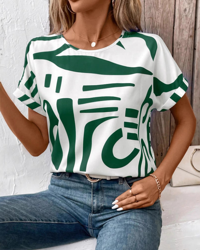 T-Shirt Col Rond Manche Courte Imprimé Géométrique