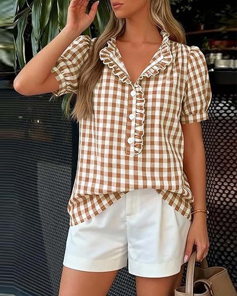 Blouse À Carreaux Bouffante Manches Courtes