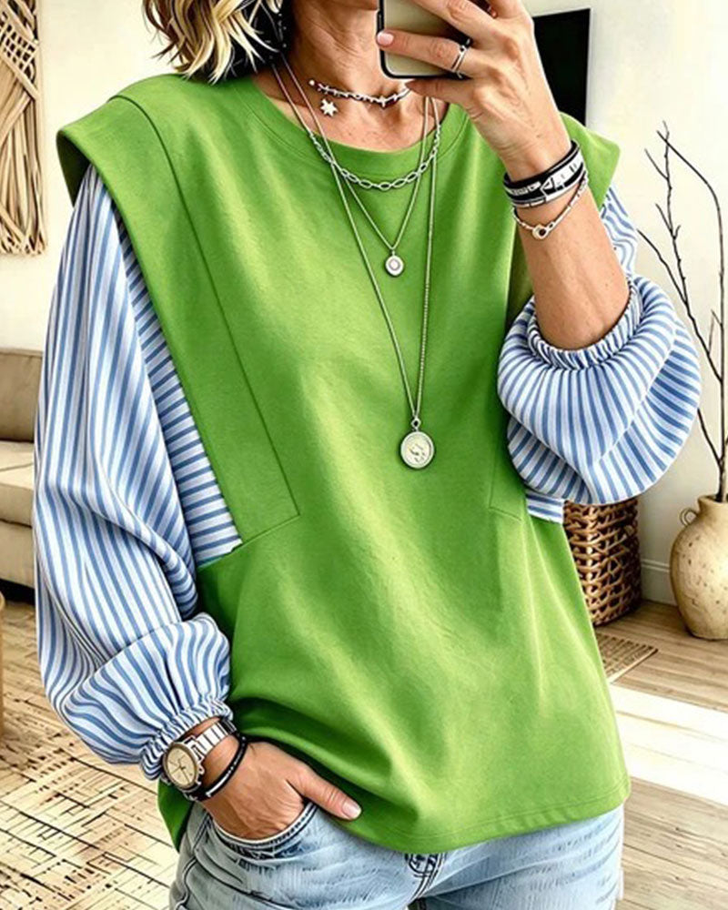 Sweatshirt Rayé Manche Longue Patchwork