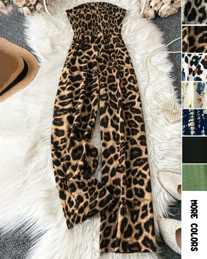 Jumpsuit Sans Bretelles Léopard Imprimé Jambe Large Cintré