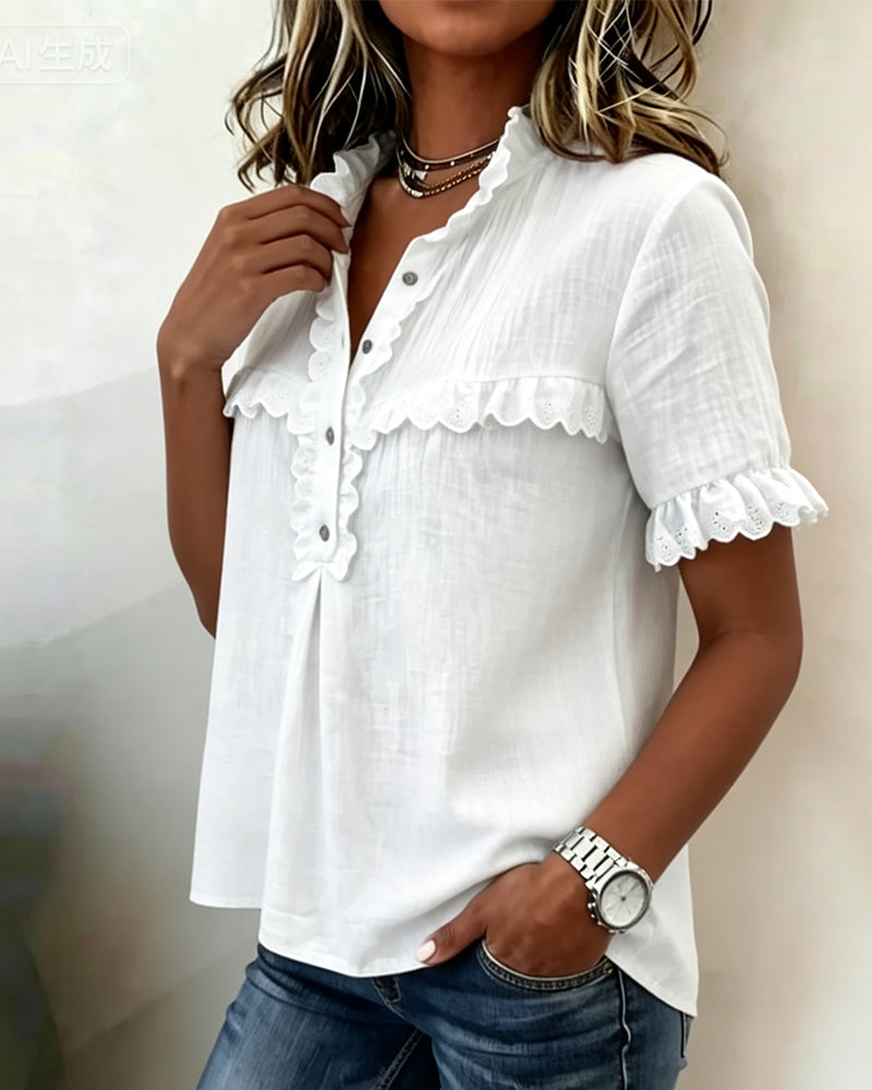 Blouse Col V Demi-Patte De Boutonnage
