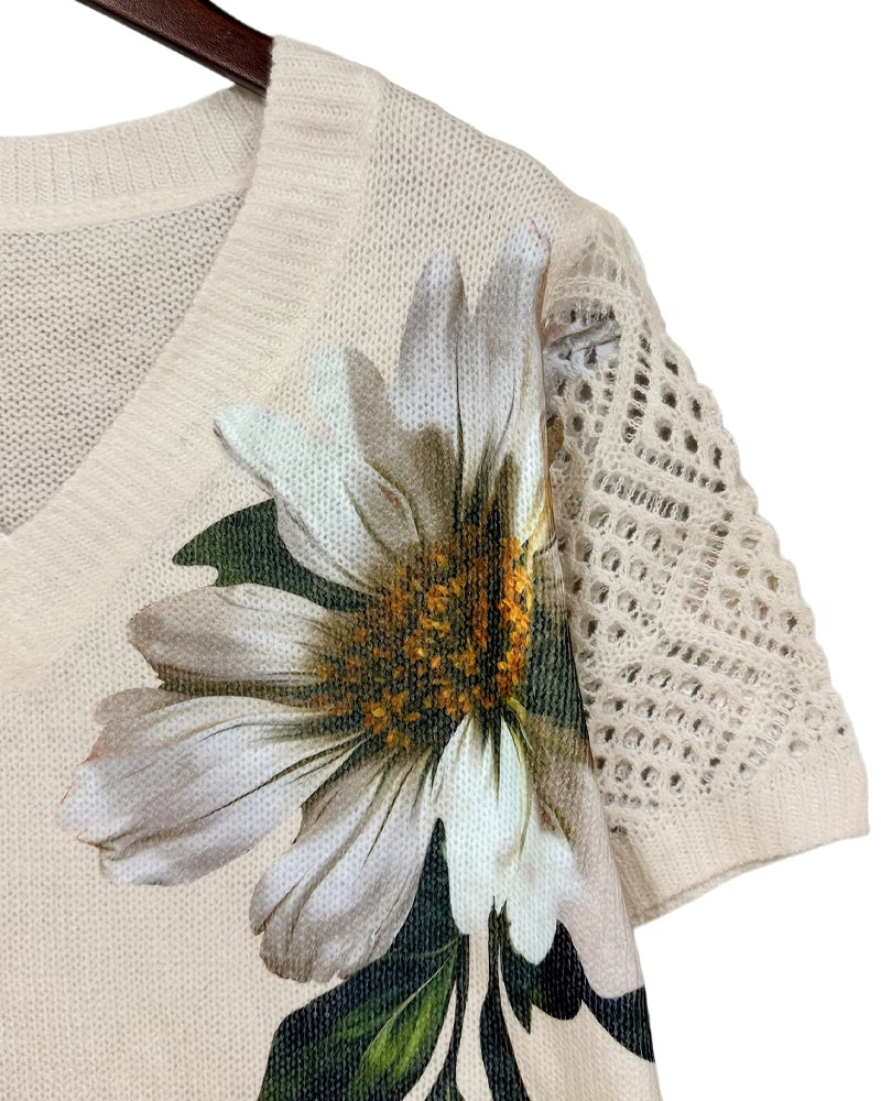 Pull-Over Col En V Tricoté Fleuri