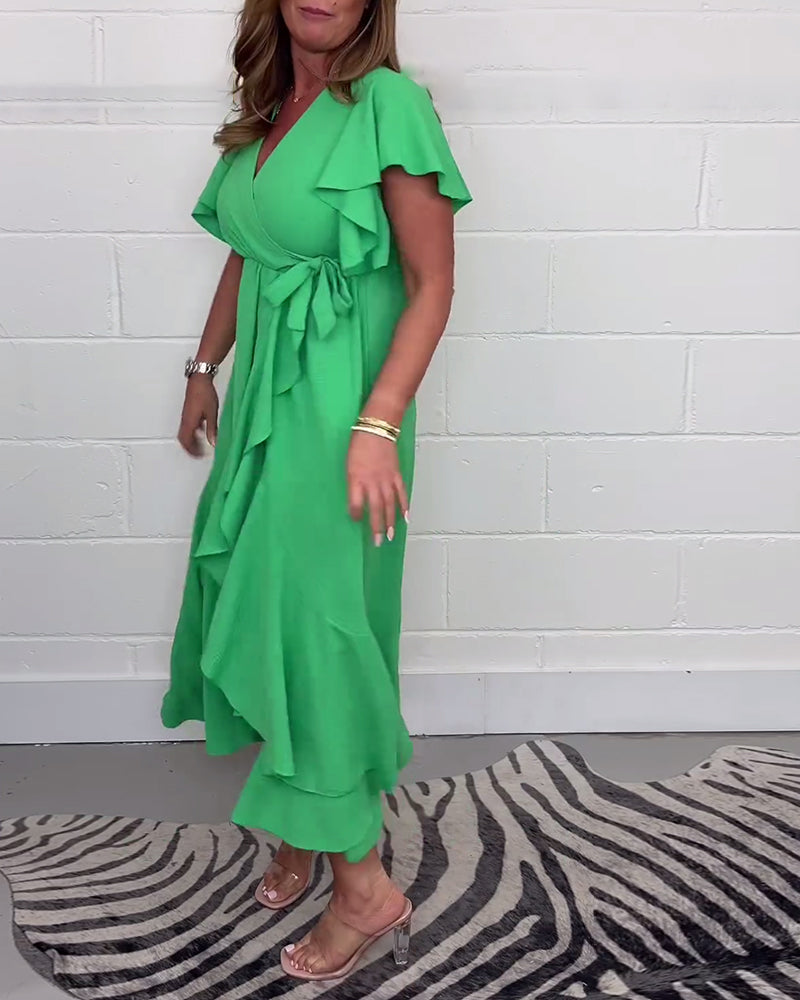 Robe élégante fendue de couleur unie à volants