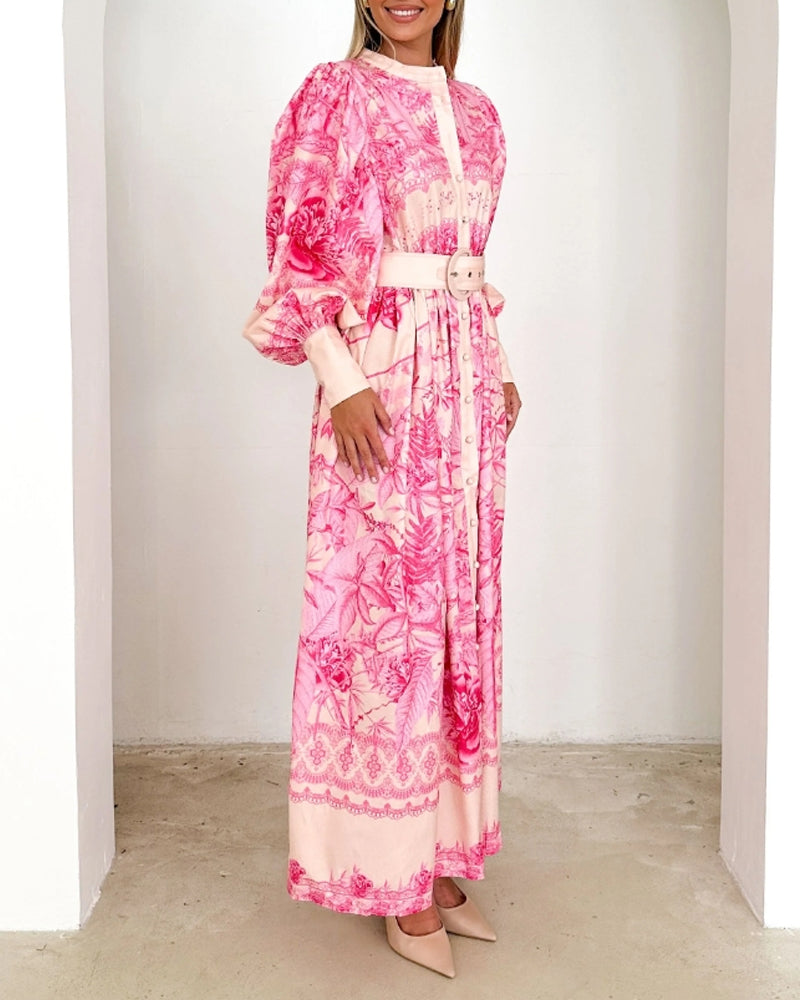 Robe imprimée boutonnée à manches lanternes