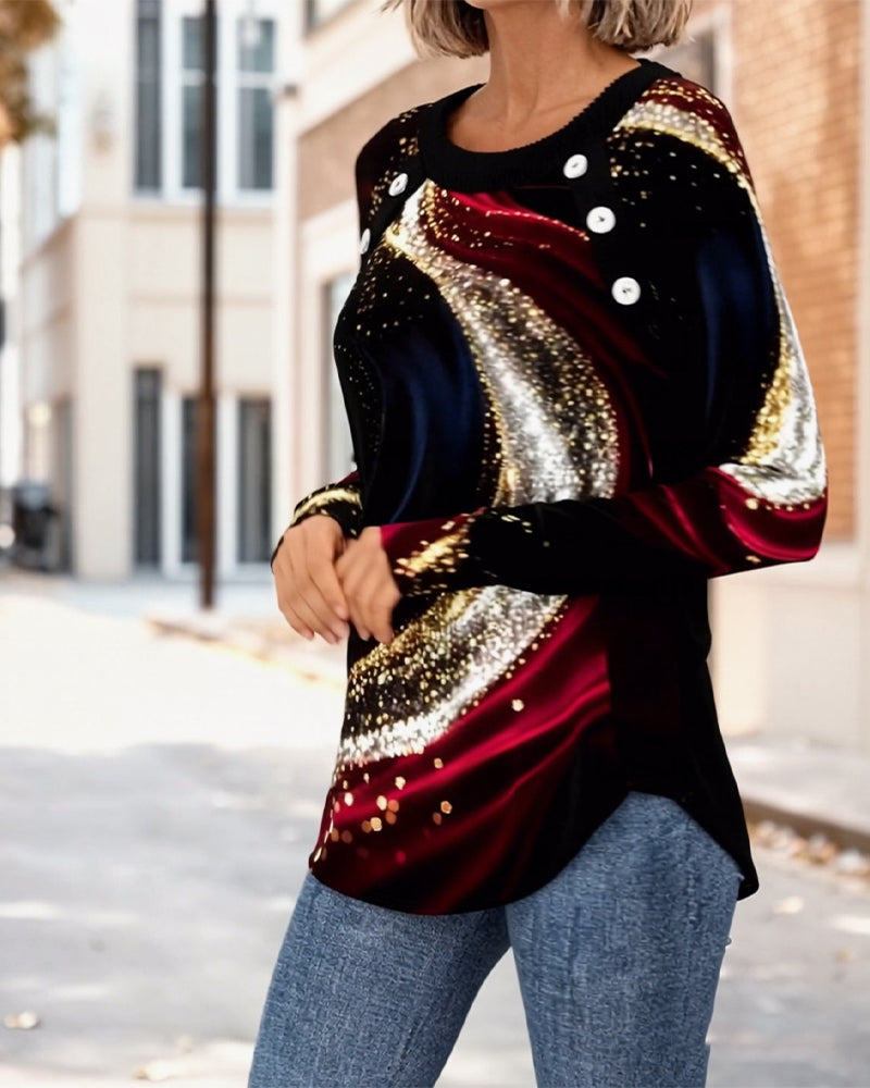 T-shirt imprimé à col rond et manches longues