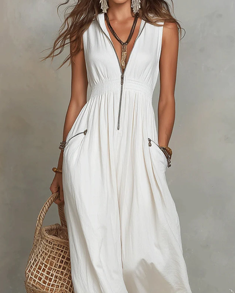 Robe Revers Sans Manches Fermeture Éclair Longue