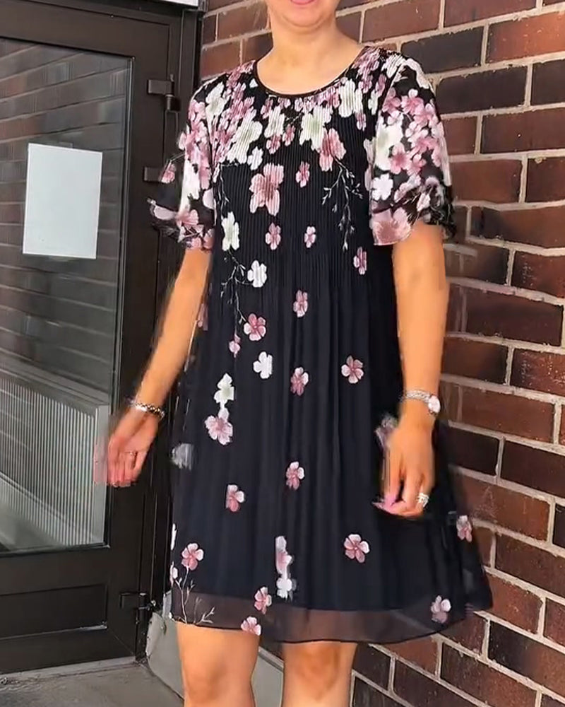 Robe Volant Manche-Courte Florale Plissée