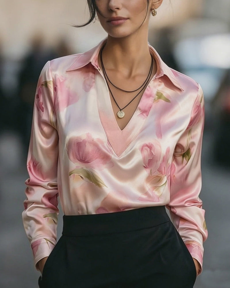 Blouse Revers Col En V Imprimé Fleuri Manches Longues