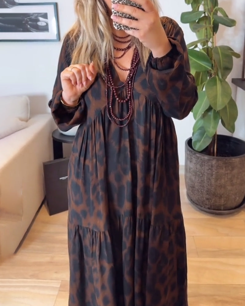 Robe Col V Imprimé Léopard Mode Maxi