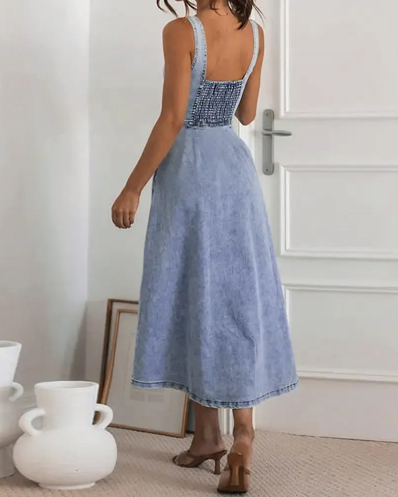 Robe Bretelle Spaghetti Bouton Taille Cintrée Denim