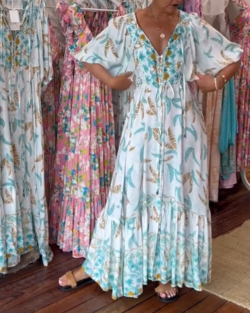 Robe longue femme col V imprimé feuilles