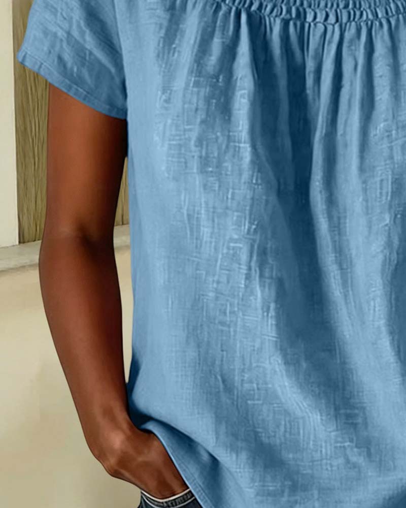 Blouse Col Carré Froncé Manche Courte
