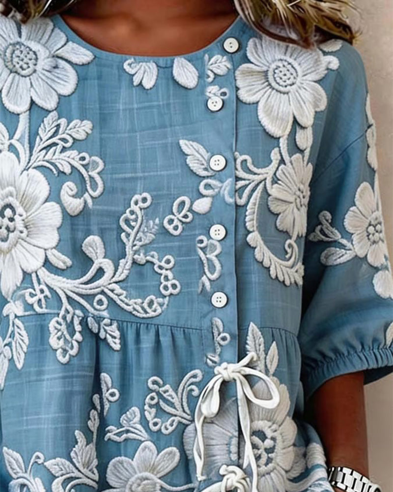 Blouse À Imprimé Floral Avec Laçage Et Demi-Patte De Boutonnage