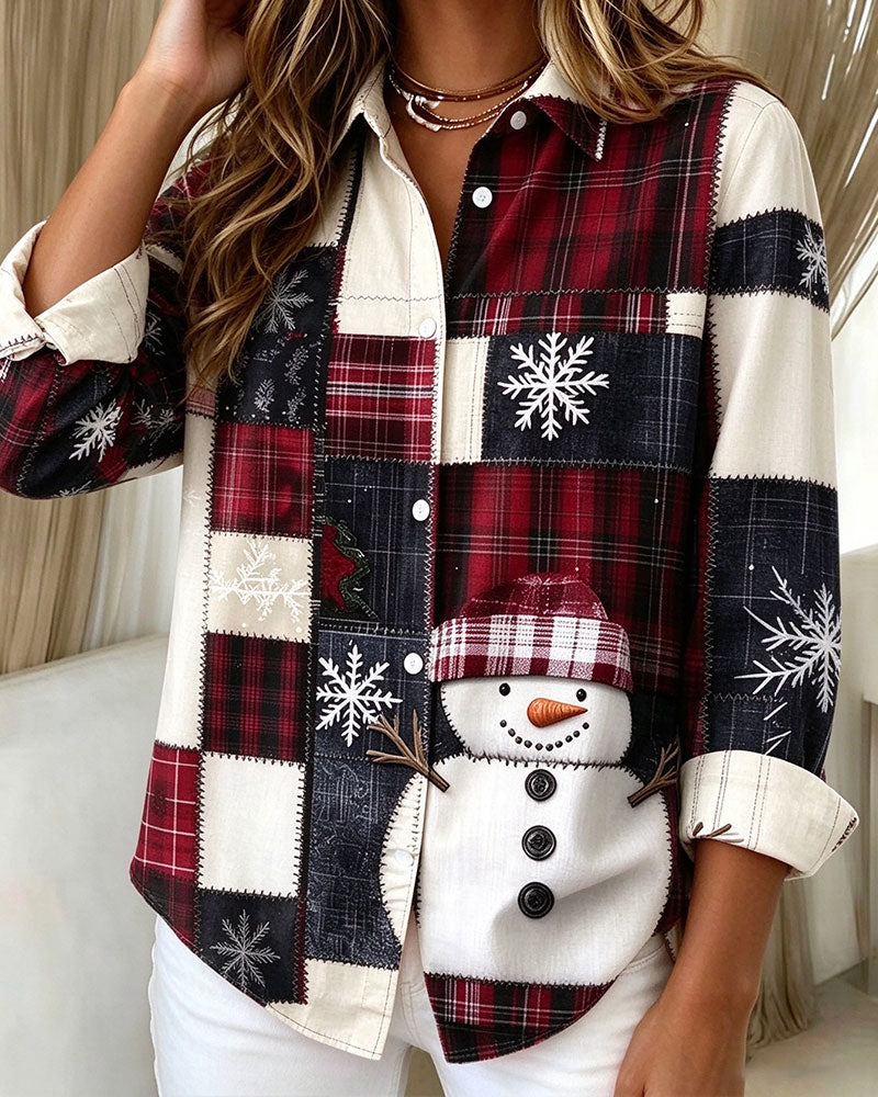 Chemise Revers Bouton À Carreaux Style Noël