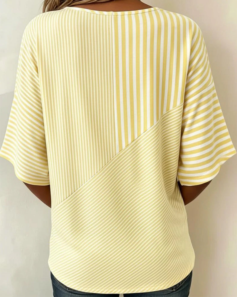 T-Shirt Rayé Col Rond Bloc De Couleur