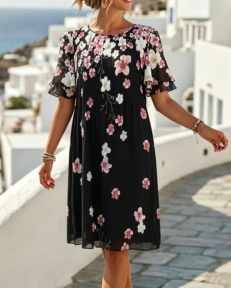 Robe Volant Manche-Courte Florale Plissée