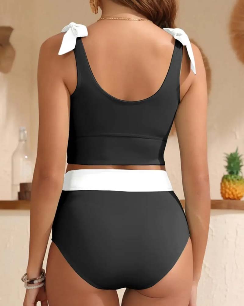 Bikini Nœud Papillon Col En U Bloc De Couleur Mode