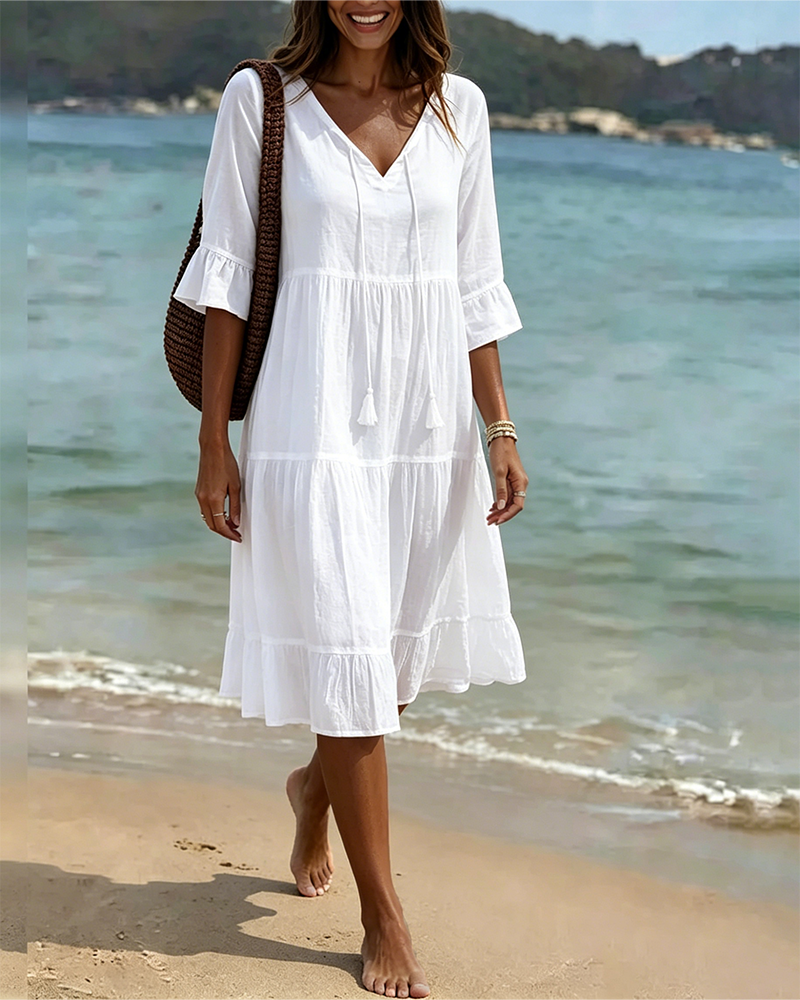Robe Évasée Demi-Manche Nœud À La Taille