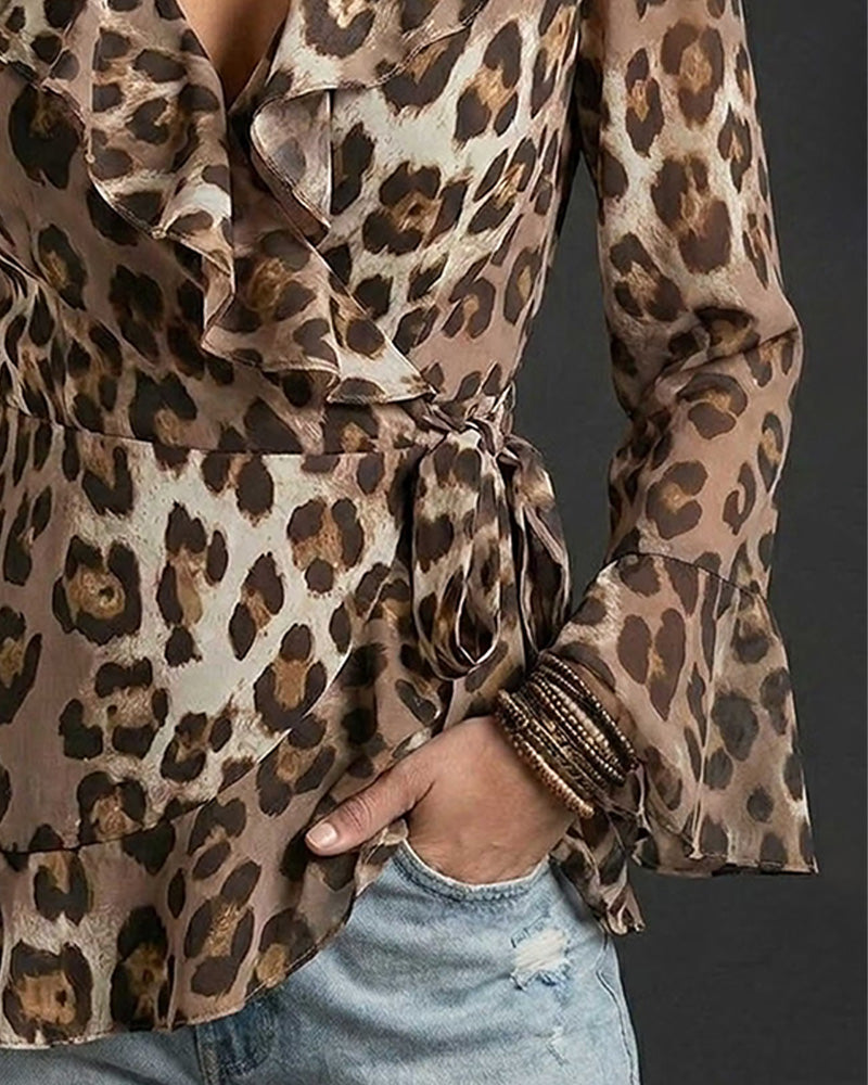 Blouse Col V Volant Léopard