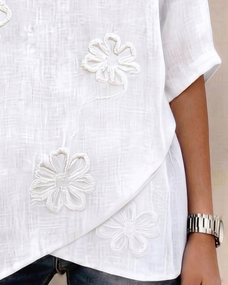 Blouse Col V À Fleurs Manches Mi-Longues