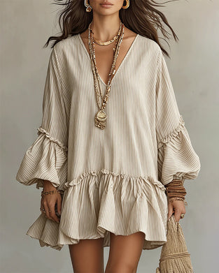 Robe Col En V Manche Lanterne Rayée Mini
