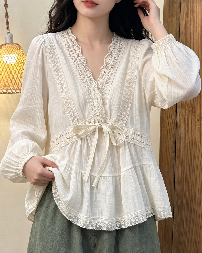 Blouse Col V Manche Ballon Dentelle Patchwork Évasée