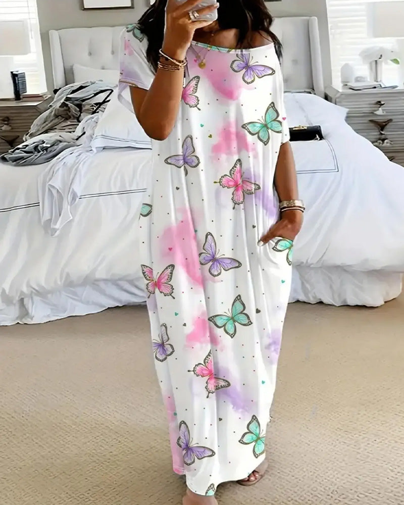 Robe Hors-Épaule Floral Poche Jupe-Pleine