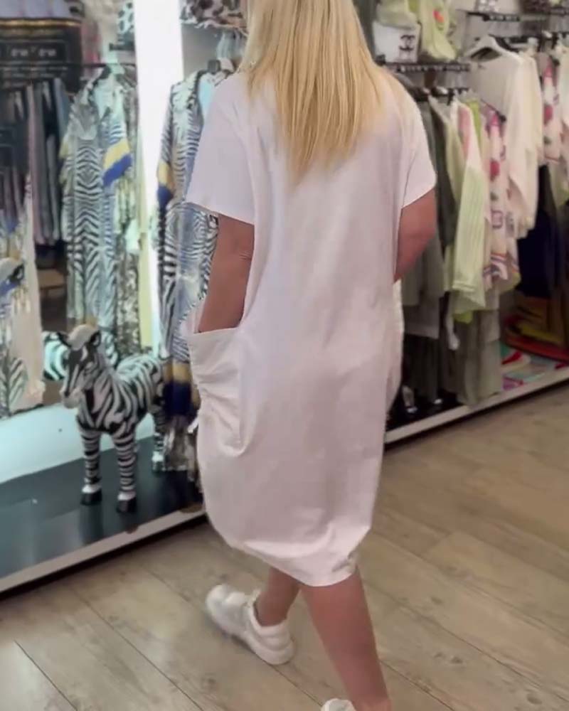 Robe Loose Manches Courtes Imprimée Grande Poche