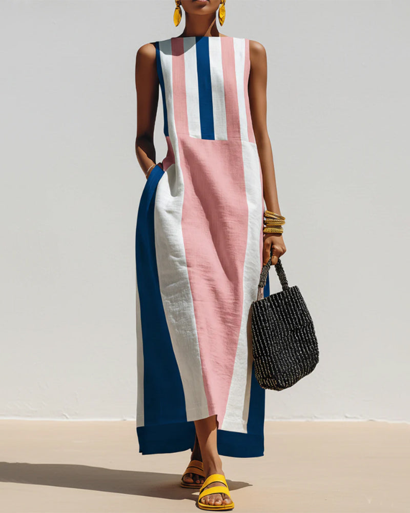 Robe Col Rond Bloc Couleur Rayure Verticale Sans Manches