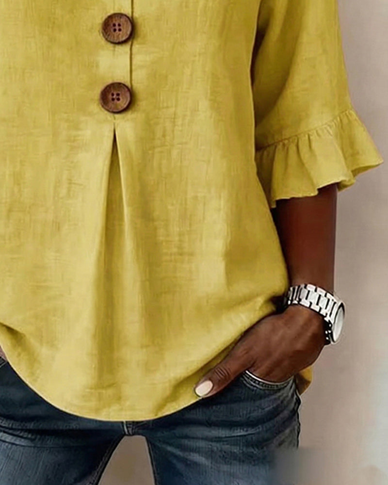 Blouses Unies Coton-Lin Boutons En Bois Volants