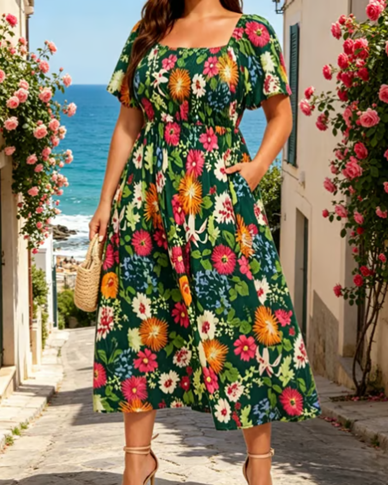 Robe Col Carré Grand Motif Floral Midi