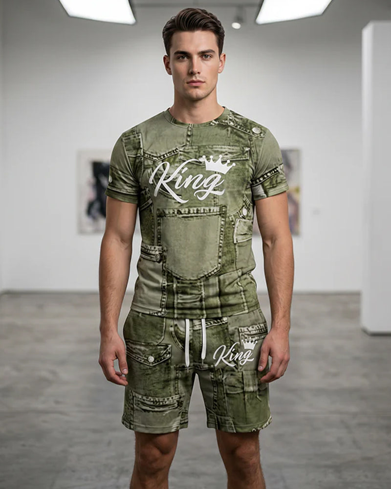 Ensemble Homme Avec T-Shirt Monogramme Col Rond Et Short À Cordon De Serrage