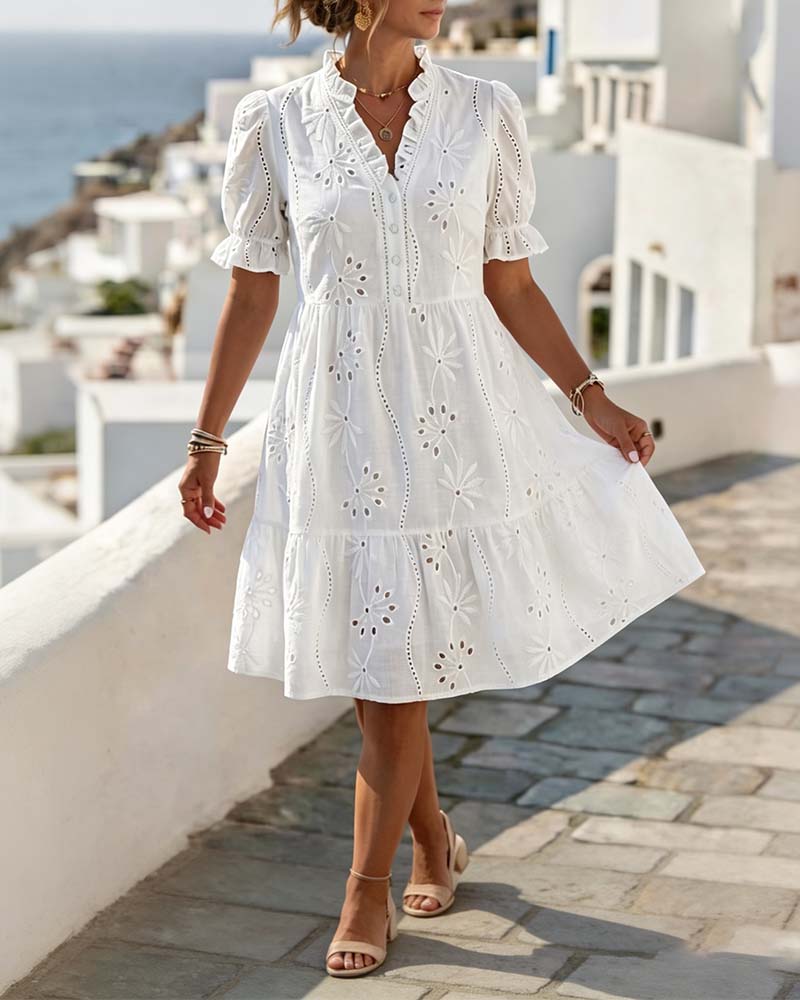Robe Col V Volant Manches Bouffantes Courtes