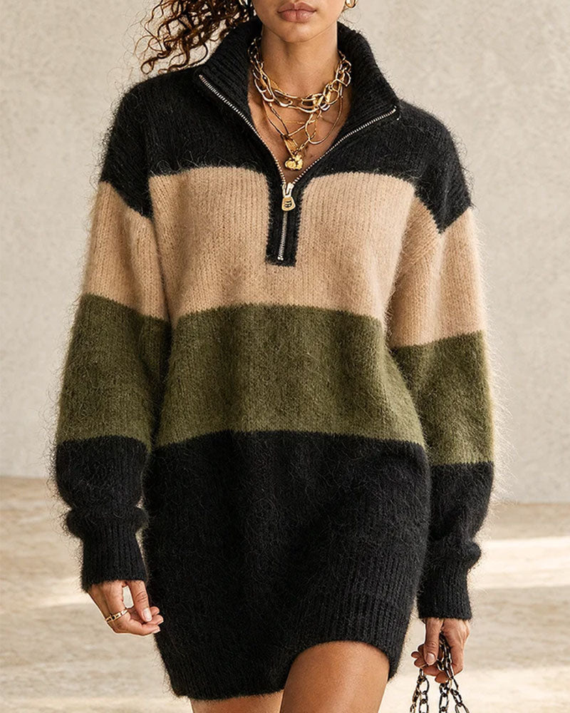 Robe Bloc De Couleur Demi Zip Col Roulé Long Pull