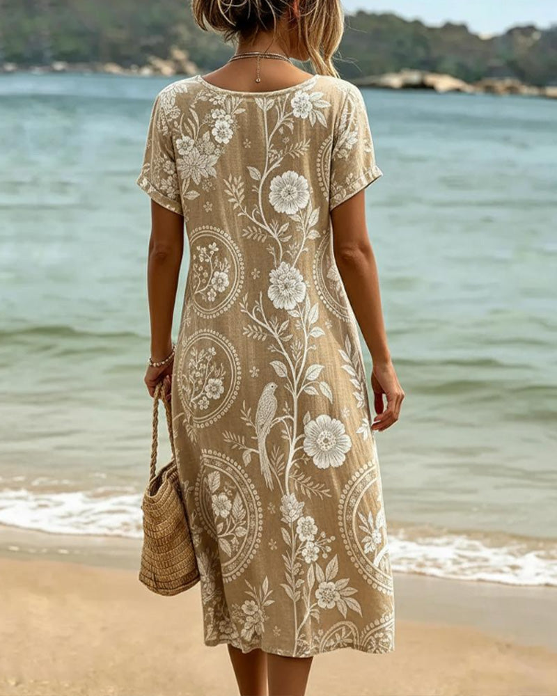 Robe Col Rond Fleuri Oiseau Imprimé