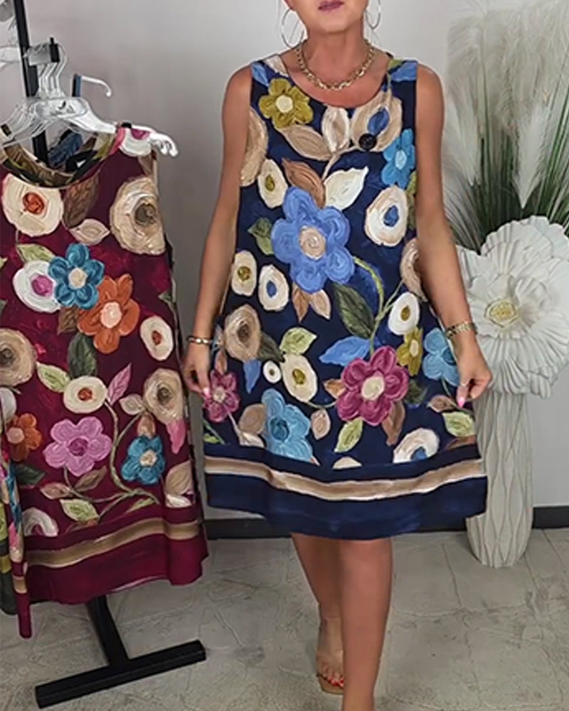 Robe Peinture À L‘huile Florale Sans Manches Droite