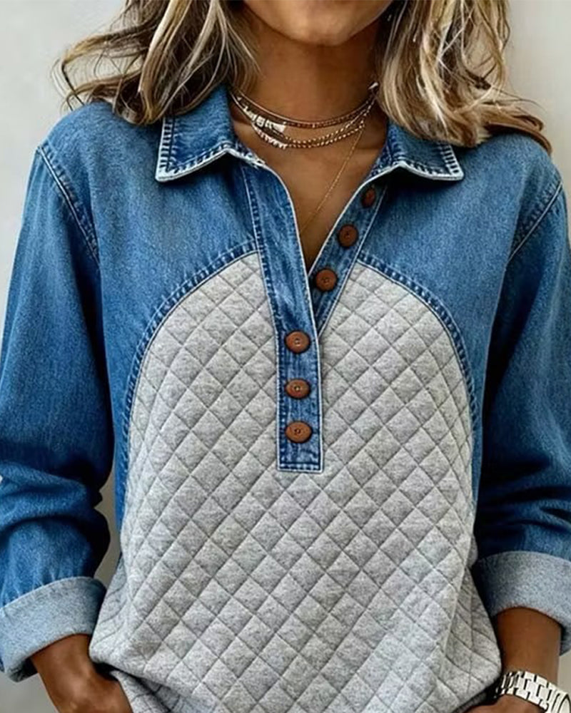 Sweatshirt Denim Patchwork Élégant